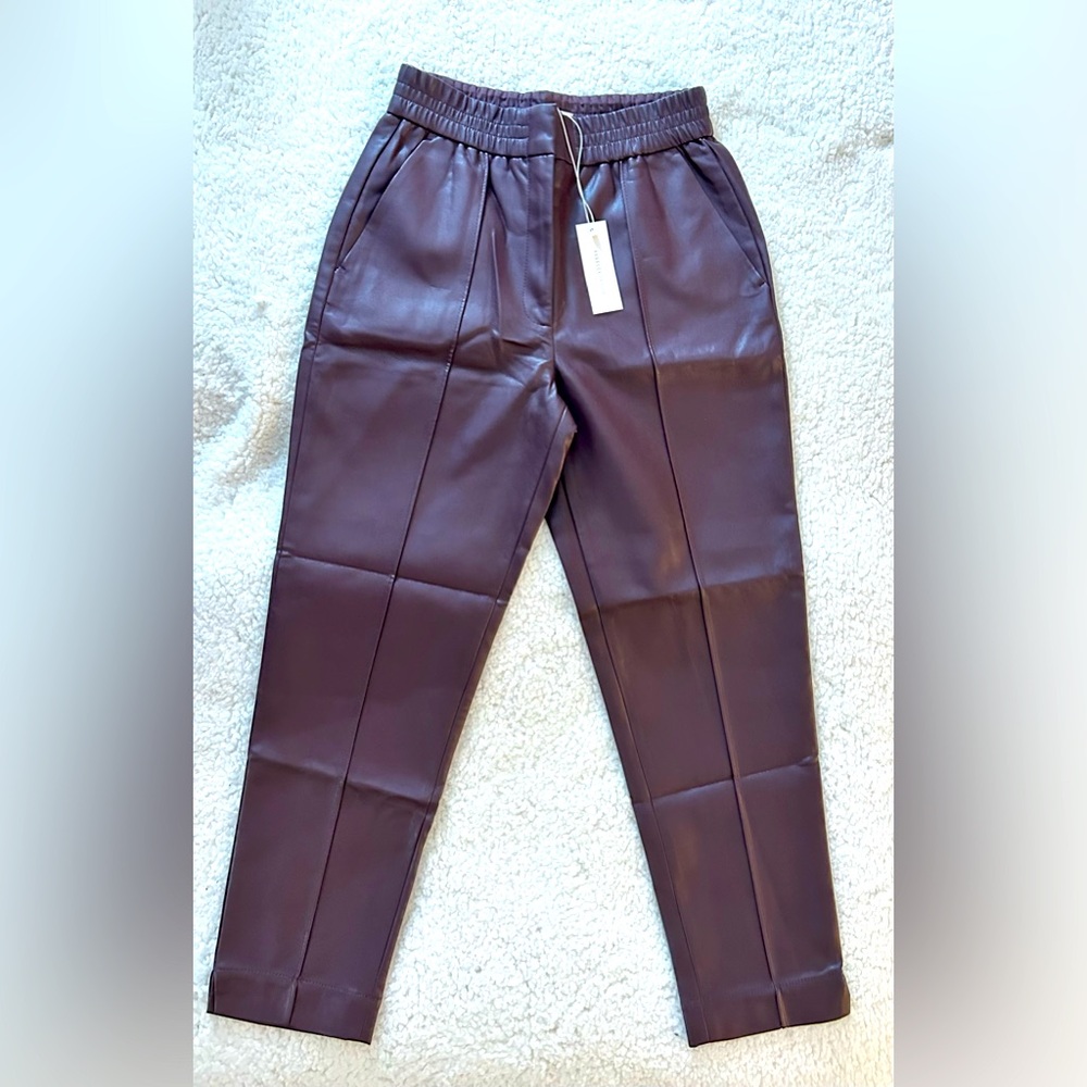 Rebecca Taylor Brown Straight Leg Pants in Faux Leather with Relaxed Fit